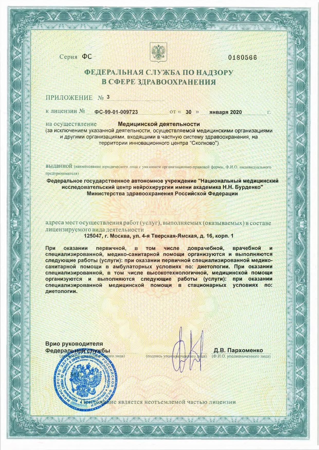 Институт нейрохирургии имени академика Н. Н. Бурденко лицензия №6