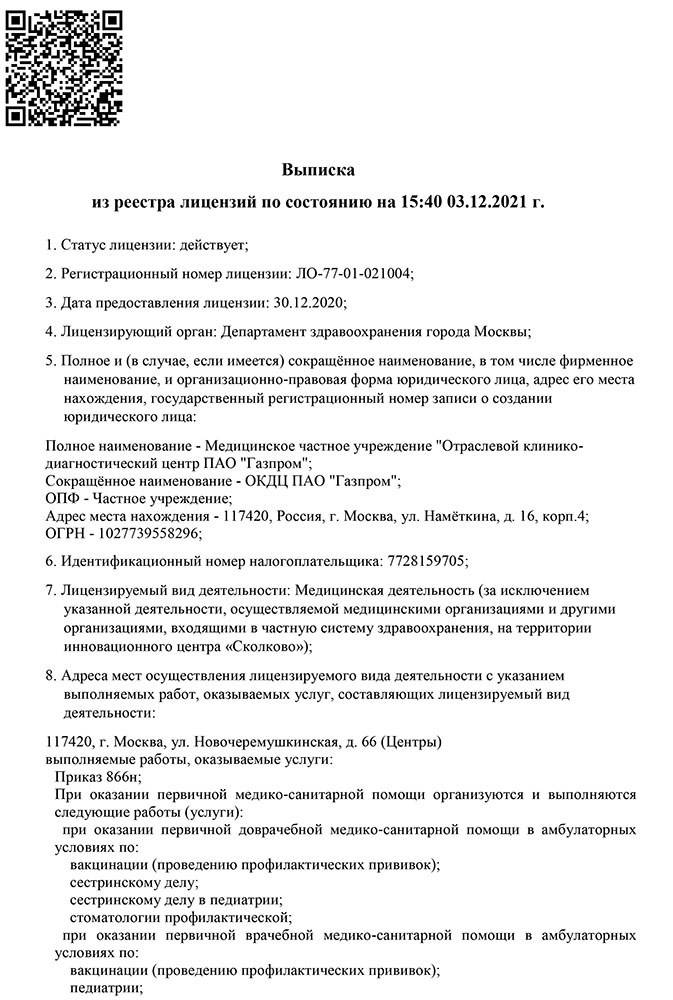 ПАО Газпром Филиал № 1 лицензия №1